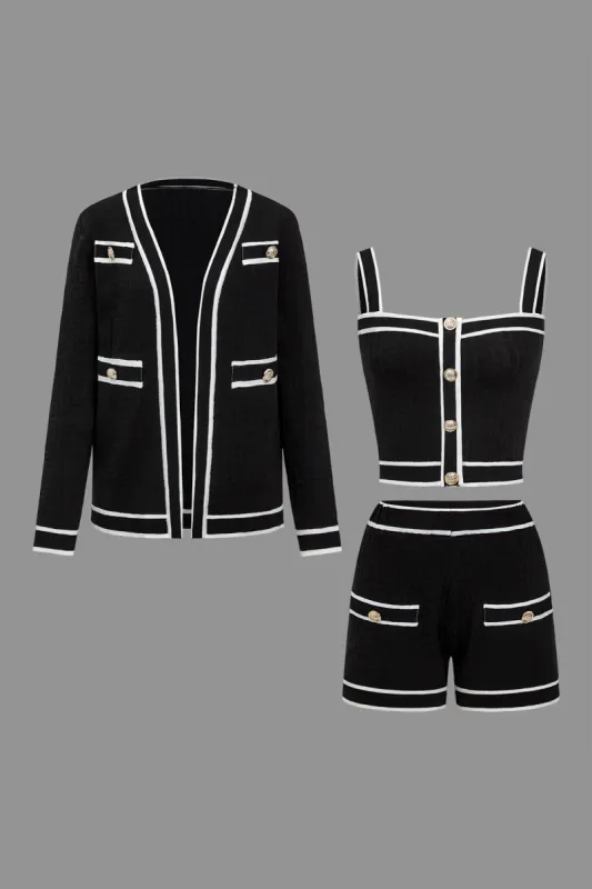 Farveblokknap Cami top og shorts og sweater cardigan sæt sold by Micas