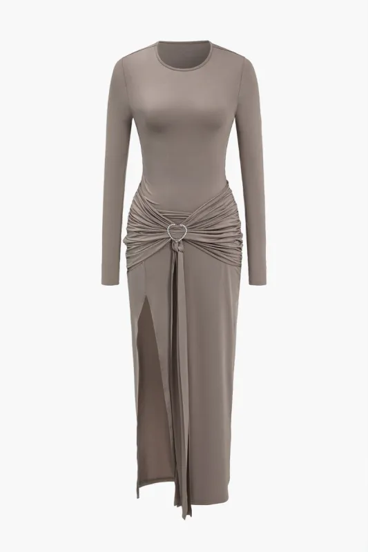 Solid Heart-Shaped Irregular Slit Long Sleeve Midi Dress sold by Micas