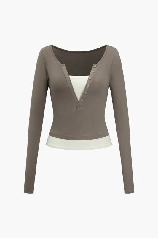 Color Block Button Long-Sleeve Top sold by Micas