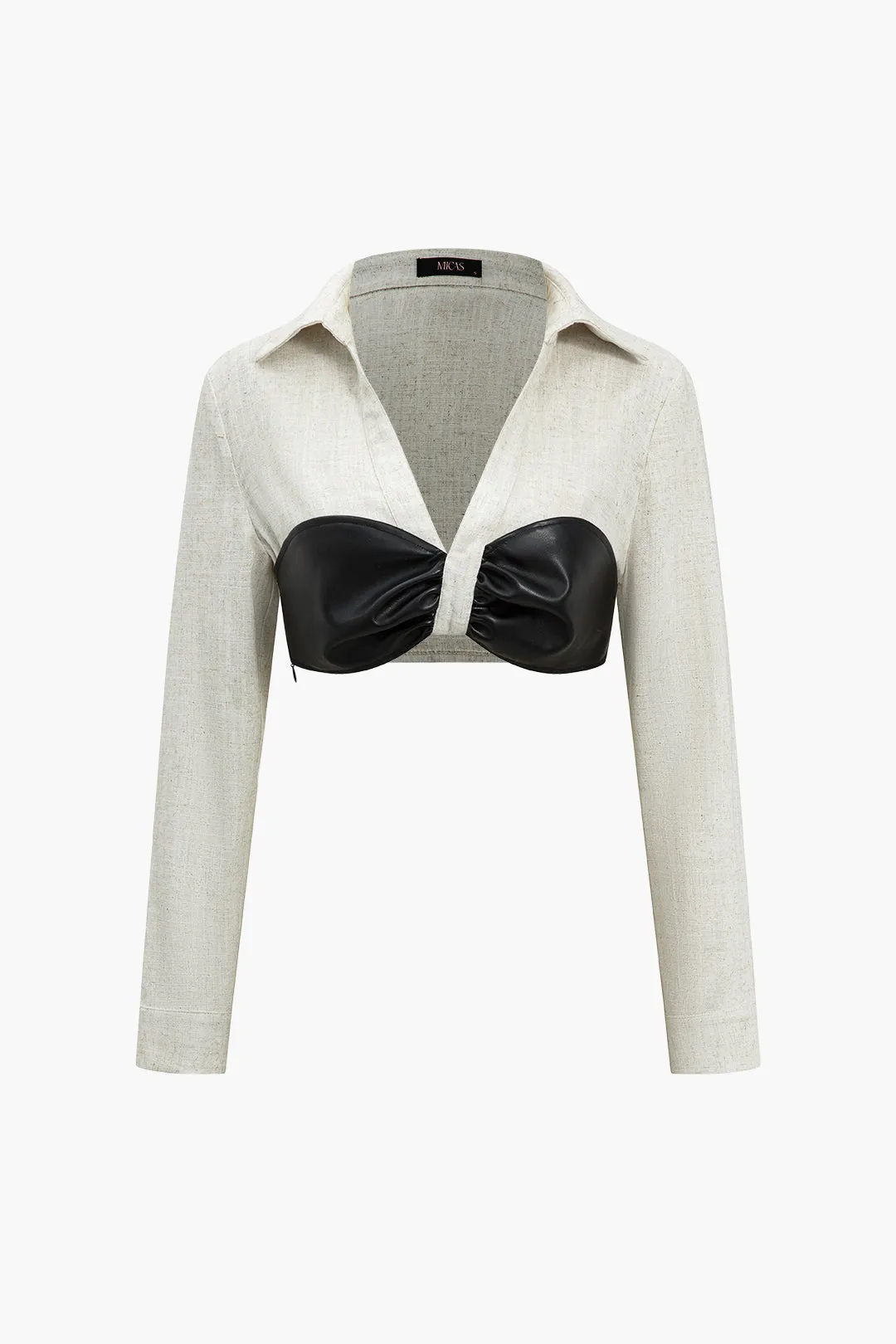 Color Block imiteret læder Linen Ruched langærmet skjorte sold by Micas