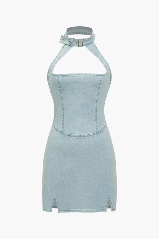 Solid Cut Out Lynlås Halter Denim Kjole sold by Micas