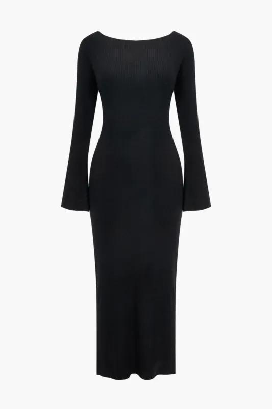 Solid Knit Bell Sleeves Lace Up Cut Out Rygløs Kjole sold by Micas