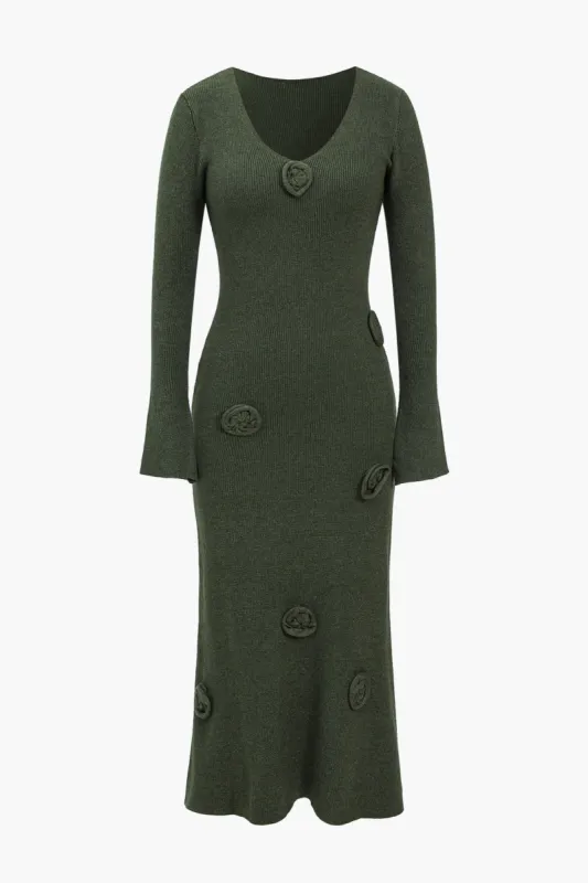 Solid Knit Appliques V-Neck Long-Sleeve Dress sold by Micas
