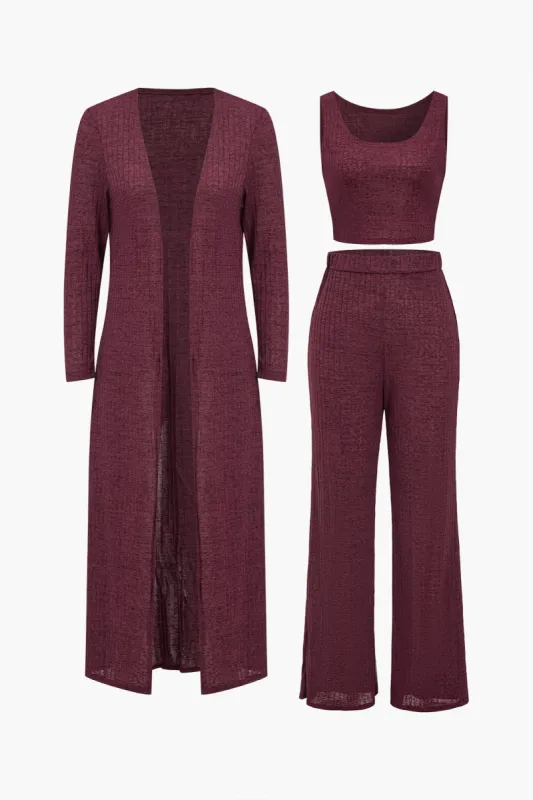 Grundlæggende solid ribbed strik tank top og bukser og lange ærmer cardigan sæt sold by Micas
