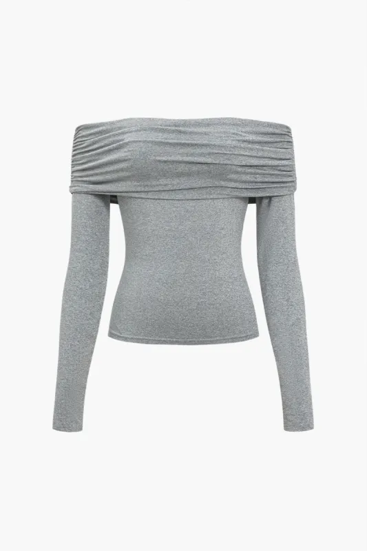 Solid ruched off-skulder langærmet top sold by Micas