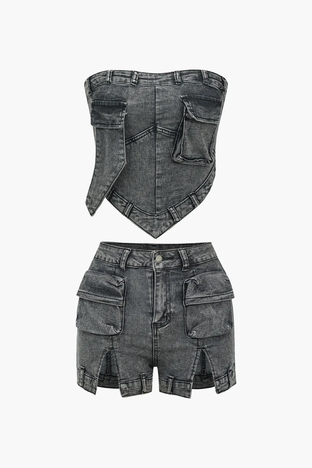 Solid Washed Pocket Denim Tube Top And Shorts Set sold by Micas