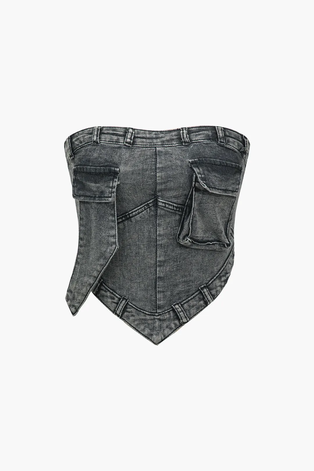 Solid Washed Pocket Denim Tube Top And Shorts Set sold by Micas product image thumbnail 3