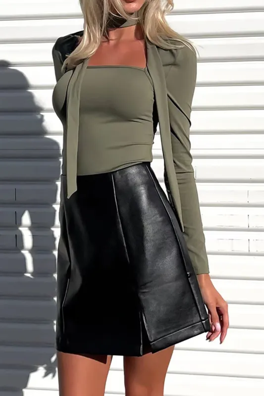 Solid Square Neck Tie-Up Long-Sleeve Top sold by Micas