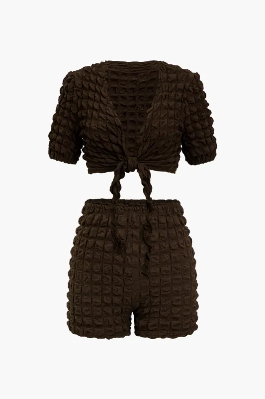Solid Tie Front Top And Shorts Set sold by Micas