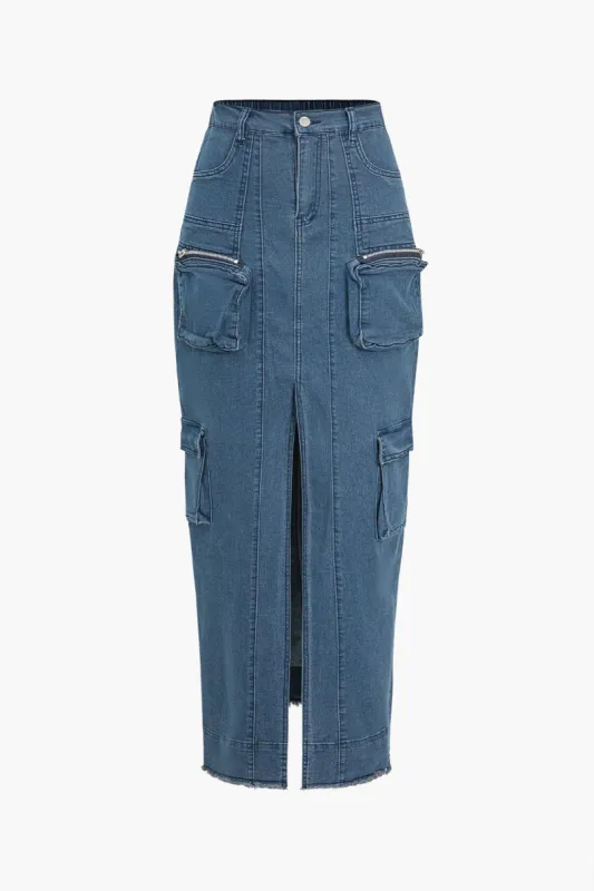 Denim Pocket Cargo Split Maxi Nederdel sold by Micas