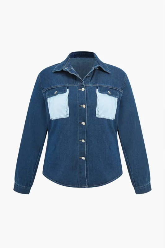 Plus størrelse lomme knap farveblok denim shirt sold by Micas