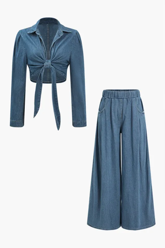 Solid denim slips foran langærmet top og brede ben jeanssæt sold by Micas