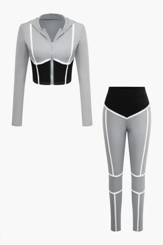 Colorblock Zip-Up Crop-jakke med hætte og leggings med høj talje sold by Micas