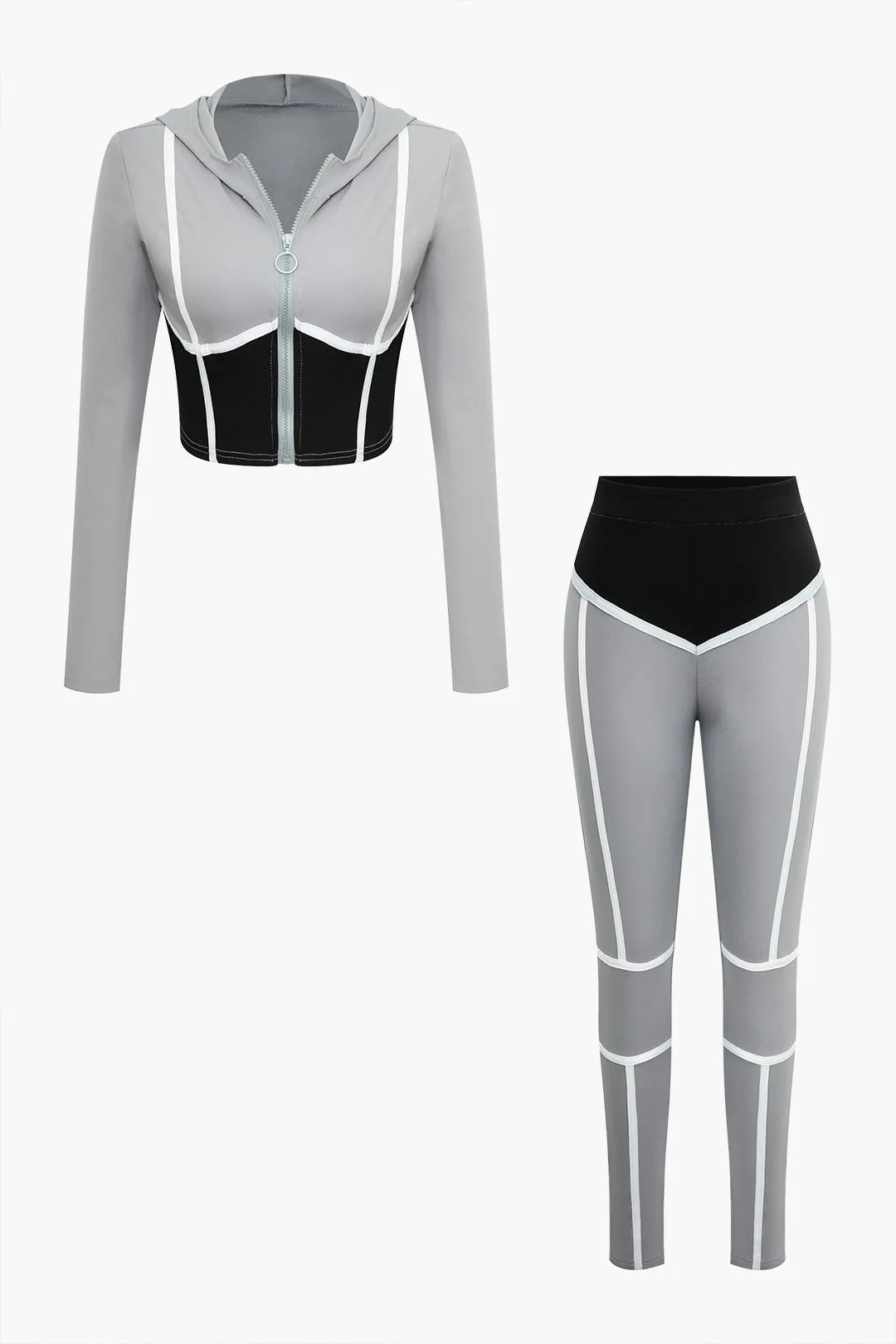 Colorblock Zip-Up Crop-jakke med hætte og leggings med høj talje sold by Micas