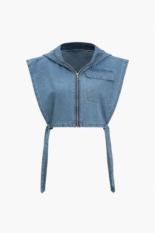 Solid Denim Hooded Pocket Zipper Tie-Up Vest sold by Micas