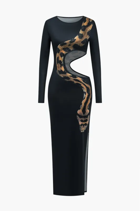 Snake Print Cut Out Langærmet Slit Maxi Kjole sold by Micas