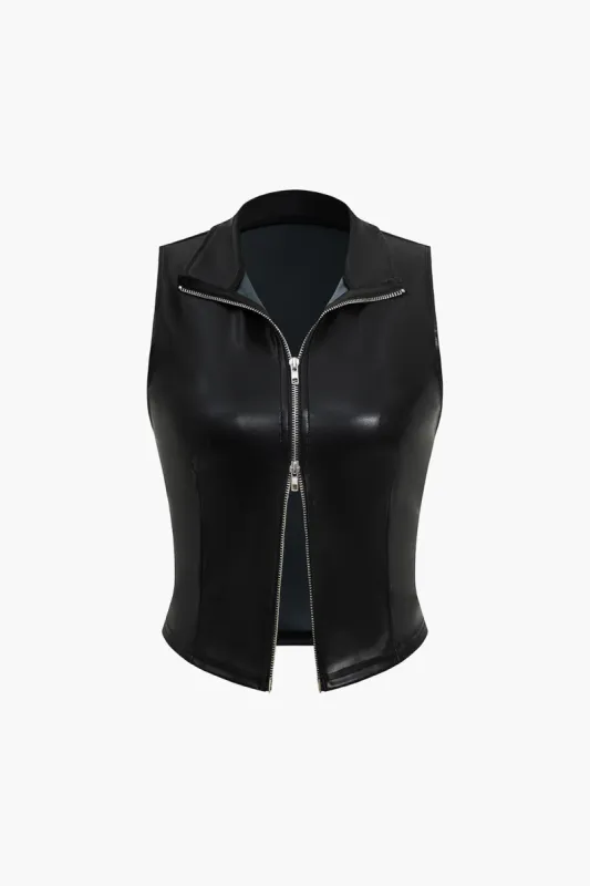 Solid Faux Leather Sleeveless Dual Open Zipper Tank Top sold by Micas