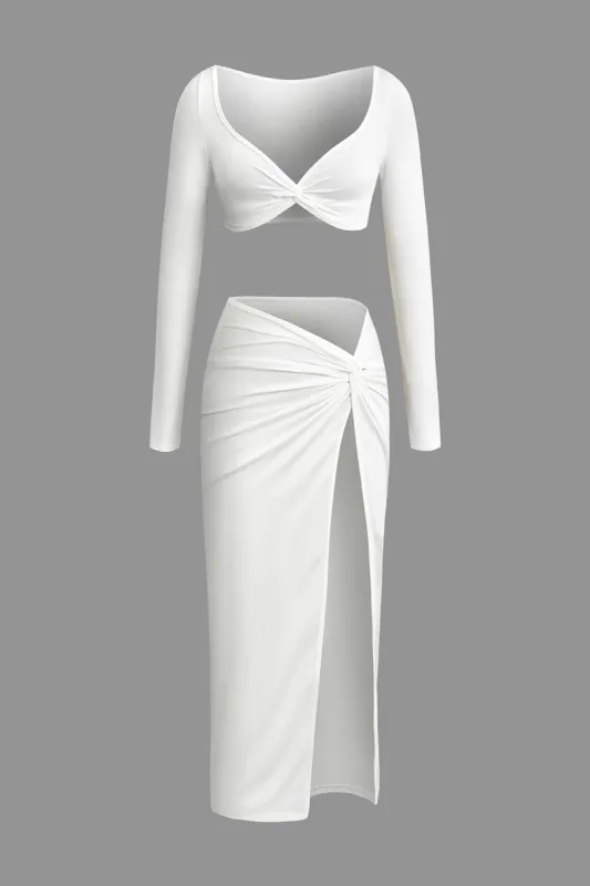 Solid Twist Top And Asymmetrical Ruched Skirt Set sold by Micas