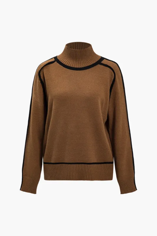 Knit Contrast Binding High Neck Long-Sleeve Top sold by Micas