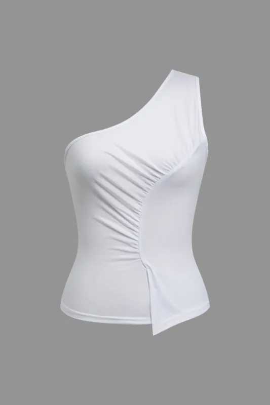 Solid One Shoulder Asymmetrisk Ruched Tank Top sold by Micas