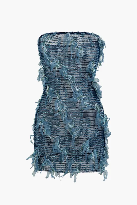 Solid Mesh Stitching Detail Fringe Mini Dress sold by Micas