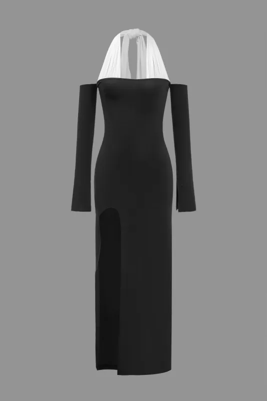 Tie Halter Neck Off Shoulder Slit Maxi Dress sold by Micas