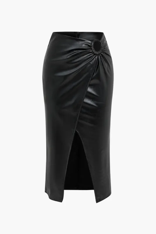 Solid Faux Leather Ruched Ring Split Skirt sold by Micas