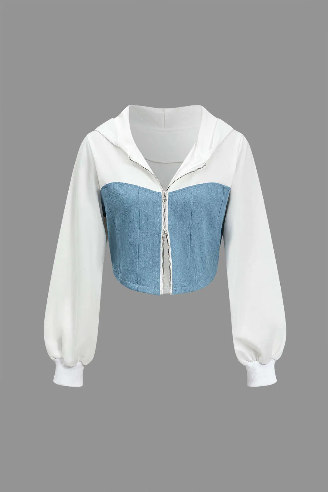 Color Block Denim Patchwork Hætte lynlåsjakke og bukser sæt sold by Micas product image thumbnail 3