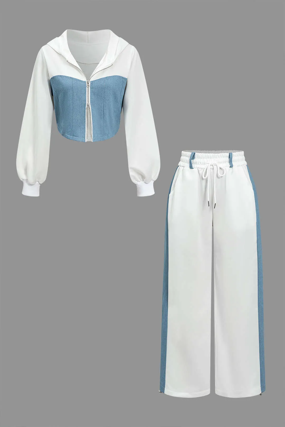 Color Block Denim Patchwork Hætte lynlåsjakke og bukser sæt sold by Micas product image thumbnail 2