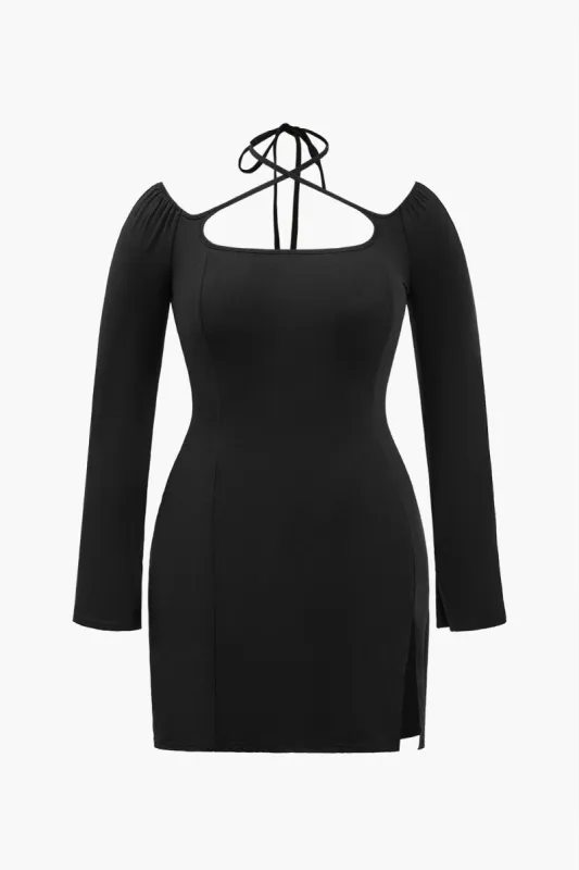 Plus størrelse fast halter hals krydset spalt mini kjole sold by Micas