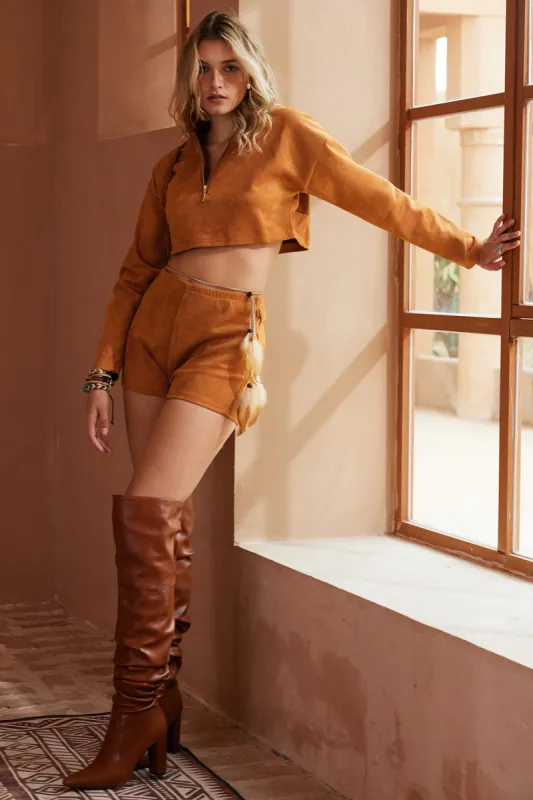 Solid Zipper Long Sleeve Crop Top And Shorts Two-Piece Set sold by Micas