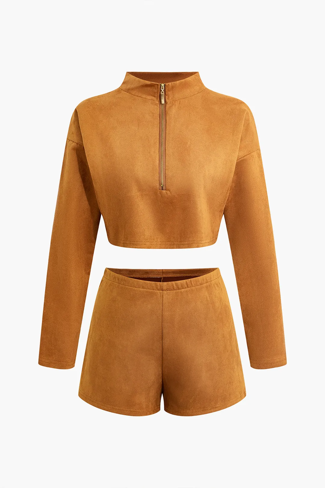 Solid Zipper Long Sleeve Crop Top And Shorts Two-Piece Set sold by Micas product image thumbnail 2