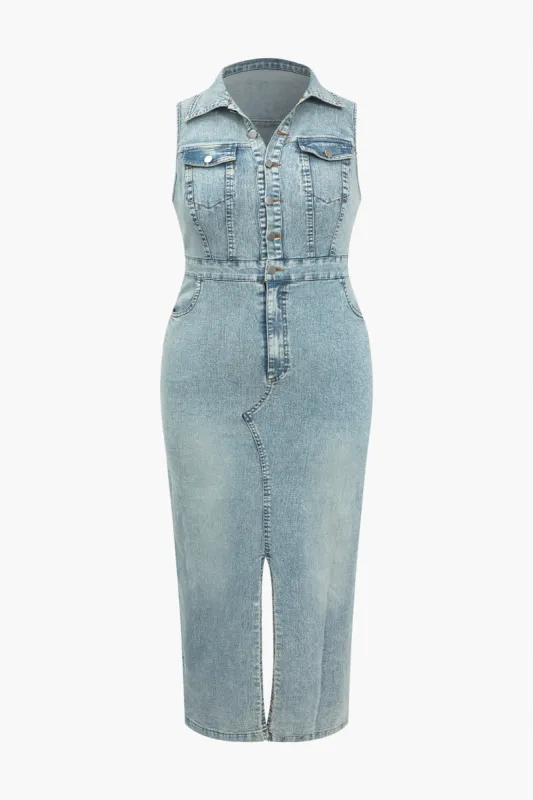 Plus Size Solid Button Zipper Denim Dress sold by Micas