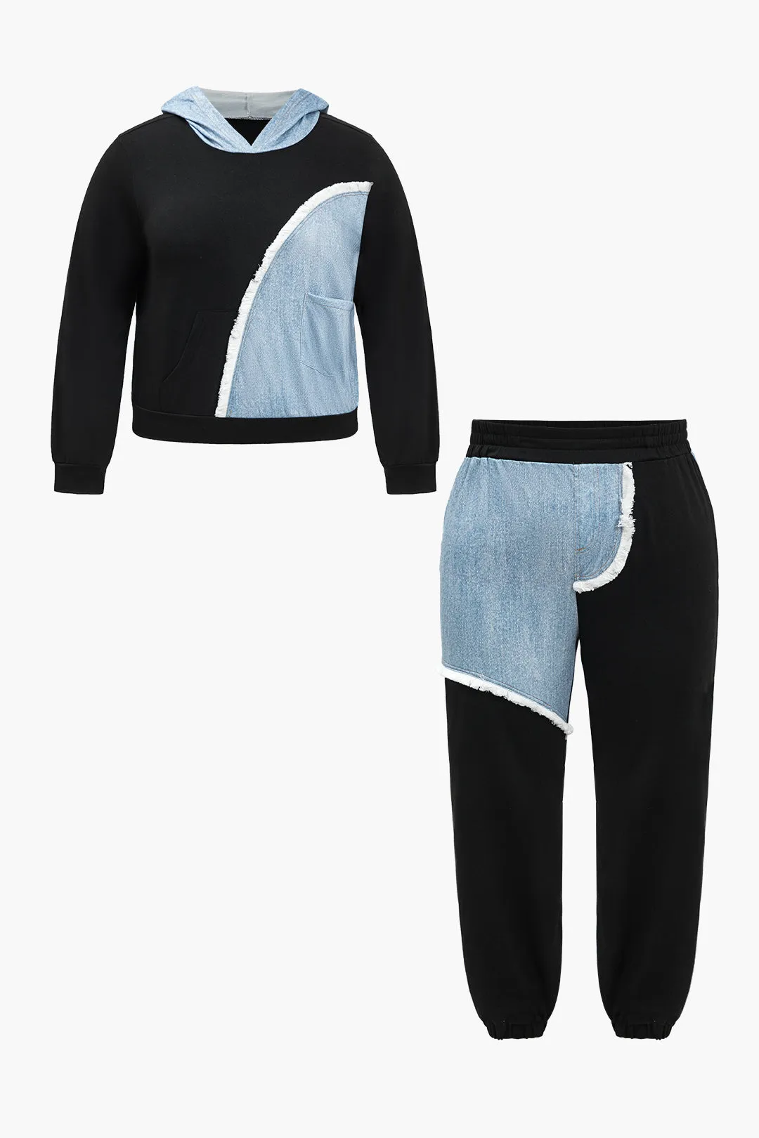 Plus Size Color Block Hooded Denim Patchwork Top And Drawstring Frayed Trouser Set sold by Micas