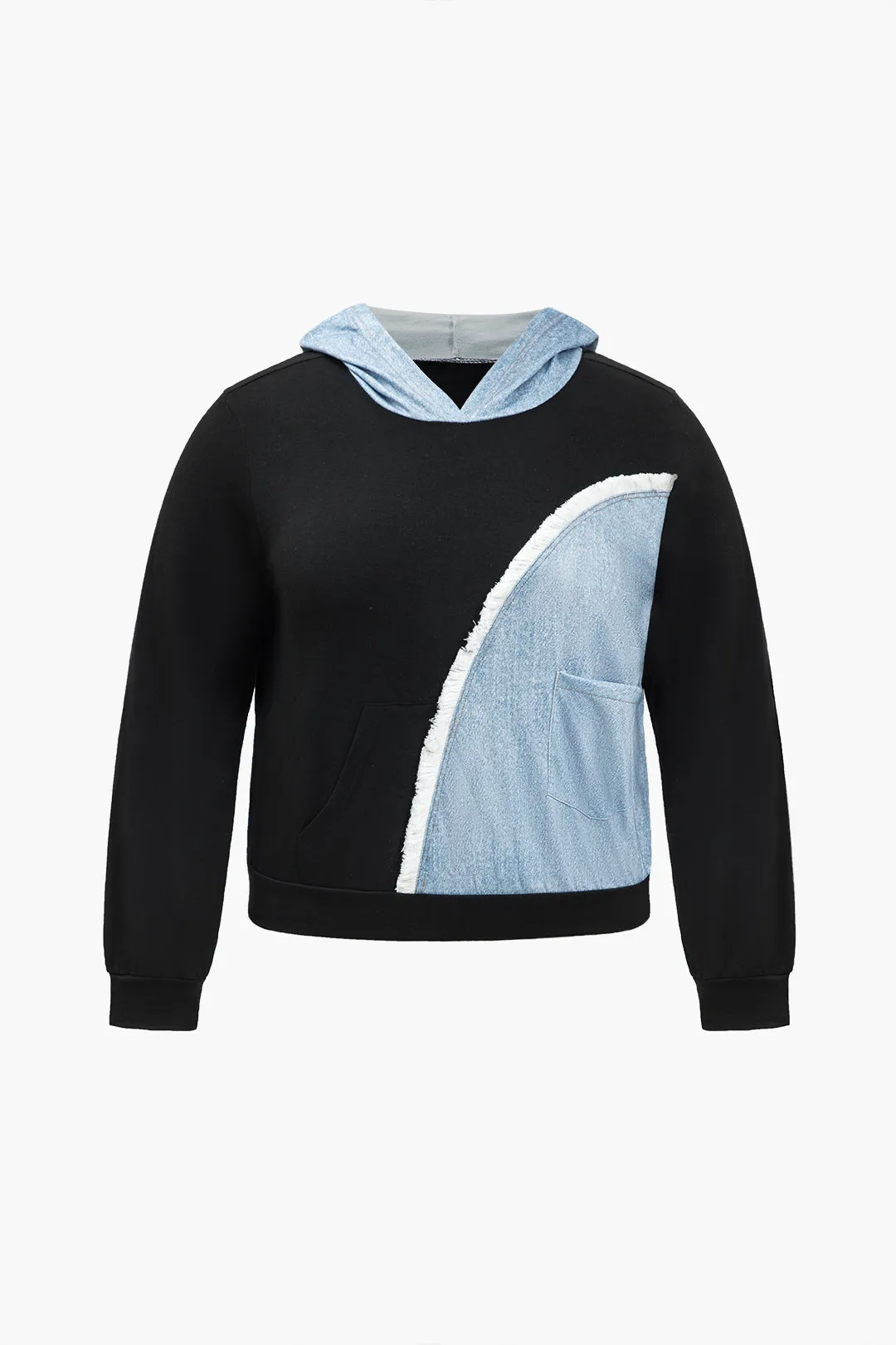 Plus Size Color Block Hooded Denim Patchwork Top And Drawstring Frayed Trouser Set sold by Micas product image thumbnail 2