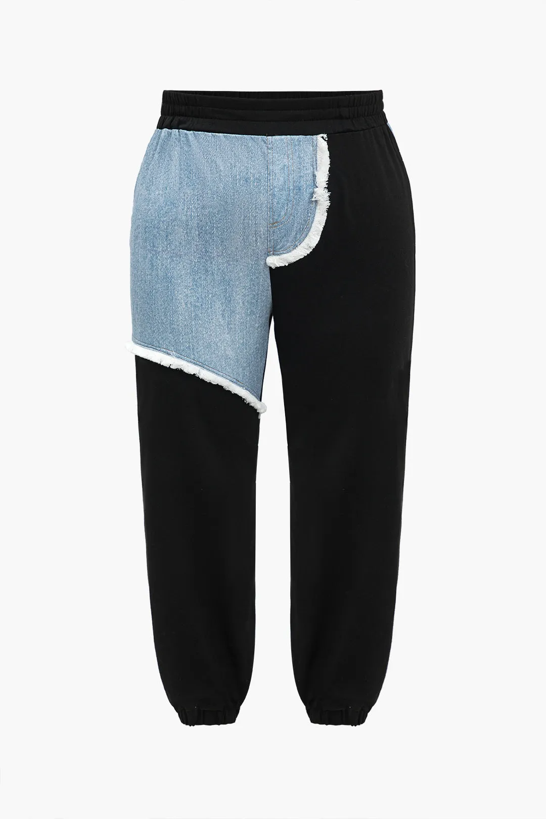 Plus Size Color Block Hooded Denim Patchwork Top And Drawstring Frayed Trouser Set sold by Micas product image thumbnail 3