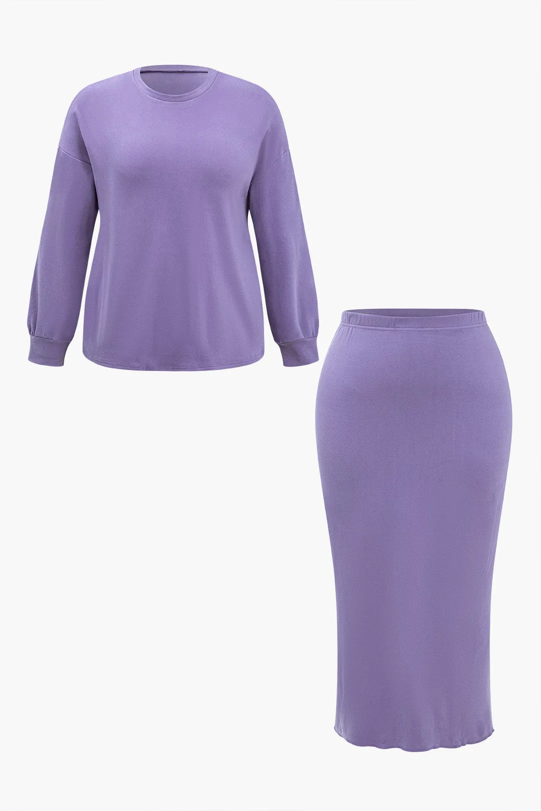 Plus Size Solid Long Sleeve Top And Skirt Set sold by Micas