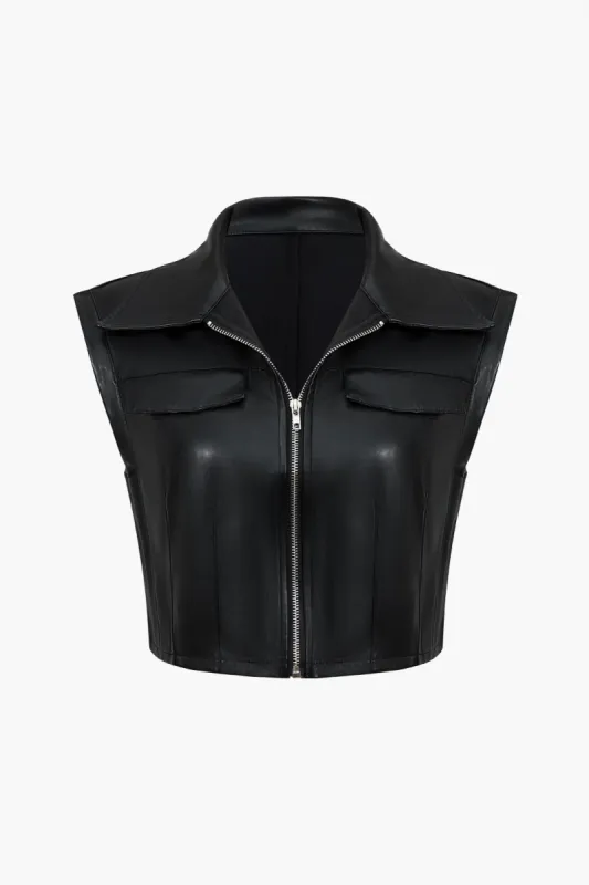 Solid faux læderlomme vest sold by Micas