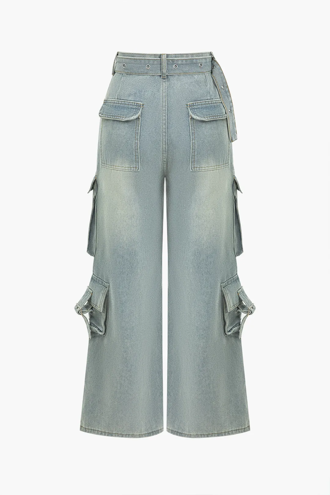 Faded Flap Pocket Belt Wide Leg Cargo Jeans sold by Micas product image thumbnail 2