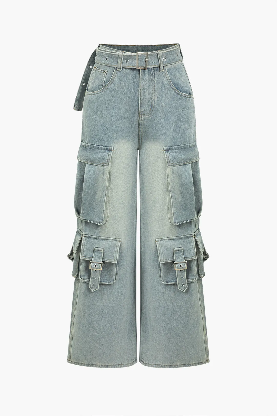 Faded Flap Pocket Belt Wide Leg Cargo Jeans sold by Micas