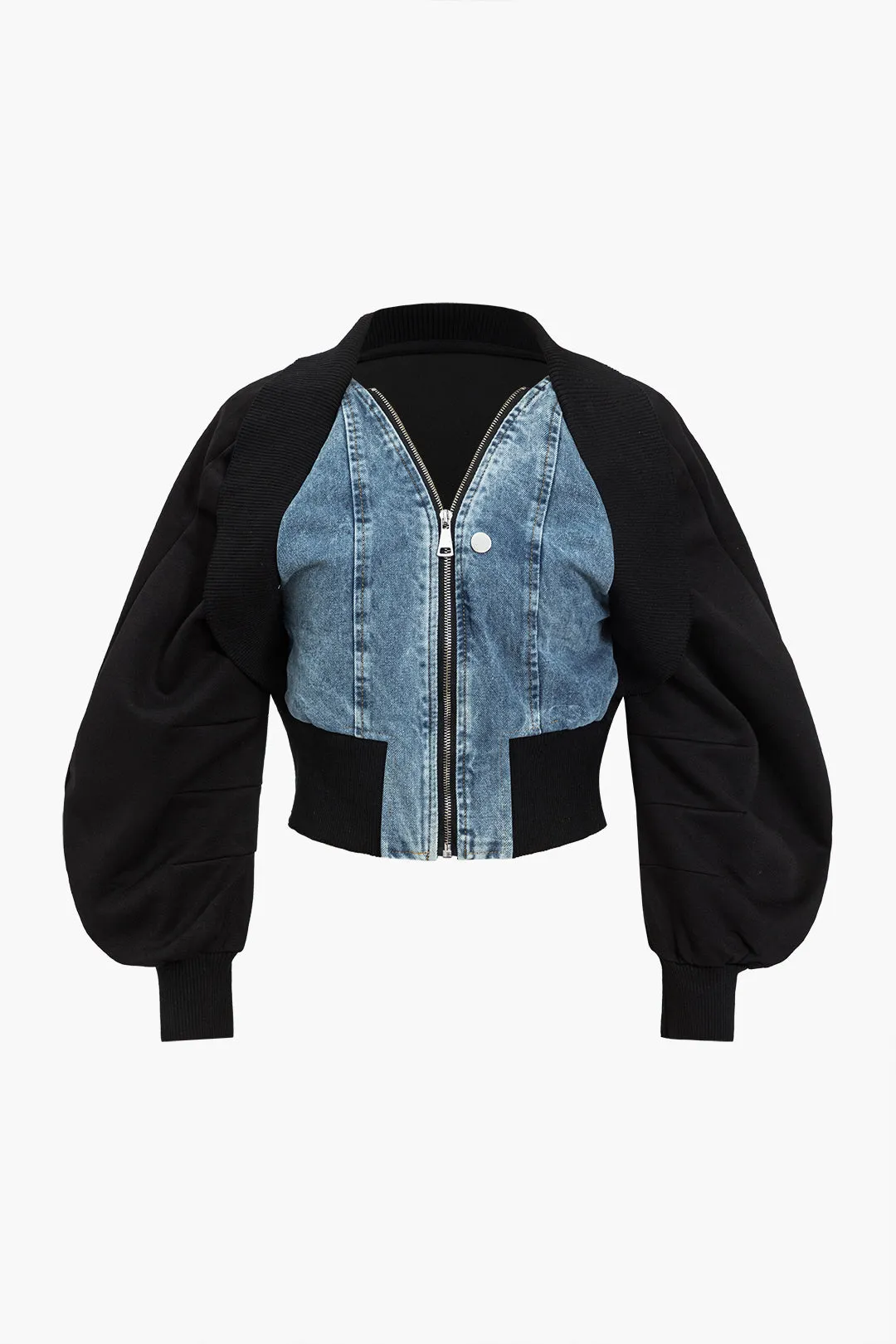 Patchwork lynlås denim overtøjsjakke sold by Micas