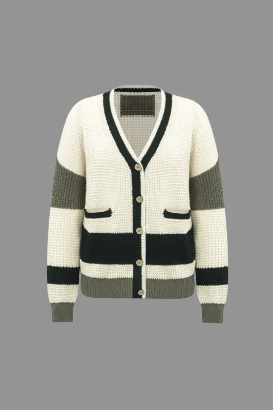 Plus Size Color Block Knit Button Pocket Cardigan sold by Micas