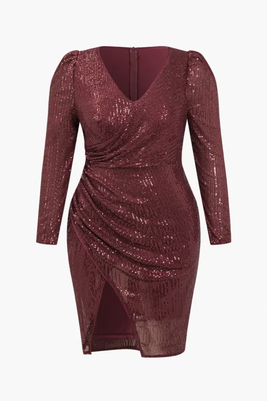 Plus Size Solid Sequin V-Neck Long Sleeve Mini Dress sold by Micas
