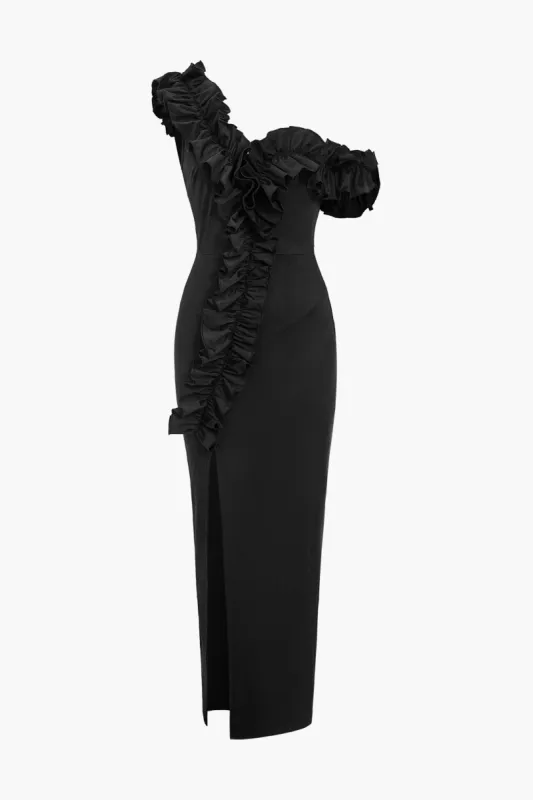 Solid Ruffle Asymmetrical Midi Dress sold by Micas