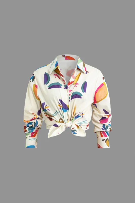 Leaves Print Tie Front Long-Sleeve Shirt sold by Micas