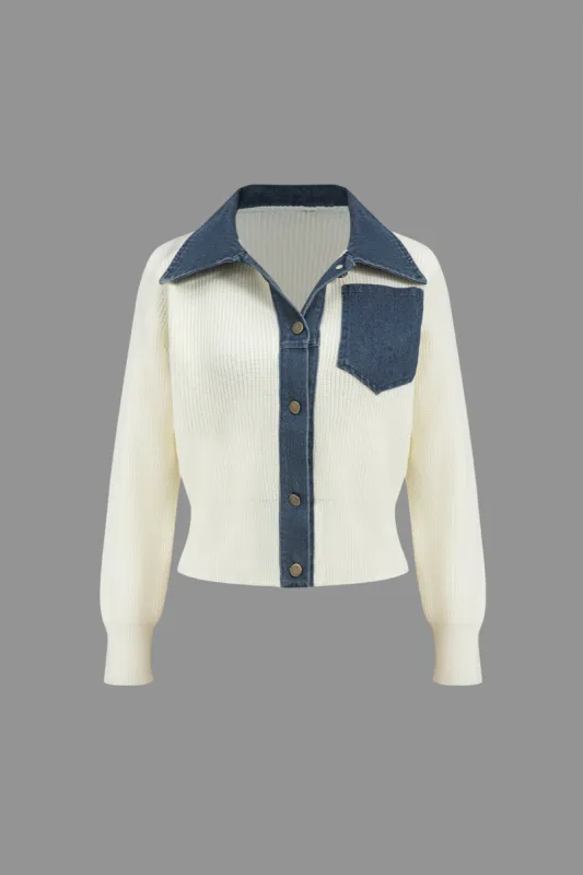 Solid Knit Button Patchwork Pocket Long-Sleeve Top sold by Micas