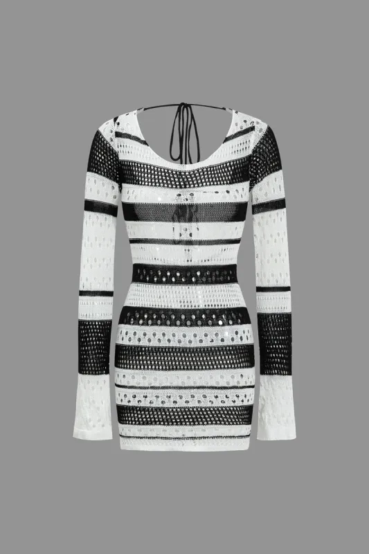 Stripes Print Knit Cut Out Back Tie Back kjole sold by Micas