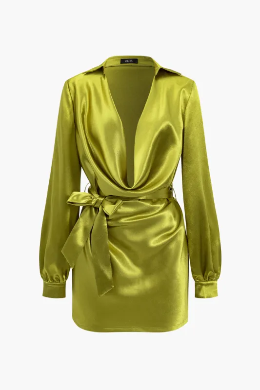 Solid Tie Front Draped Cowl Neck Belted Mini Dress sold by Micas
