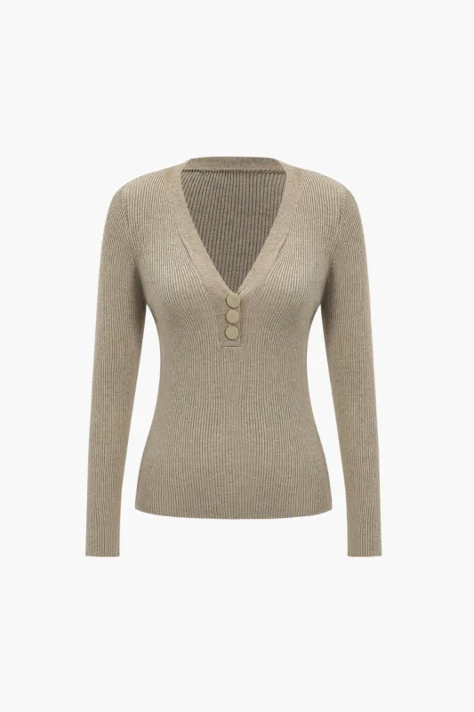 Basic Solid Knit V-Neck Long-Sleeve Top sold by Micas