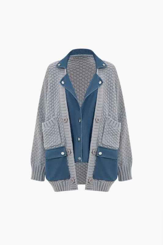 Denim patchwork lomme sweater cardigan sold by Micas